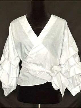 CLEO Women's Size L White True Wrap V-Neck Blouse with Tiered Ruffle Sleeves